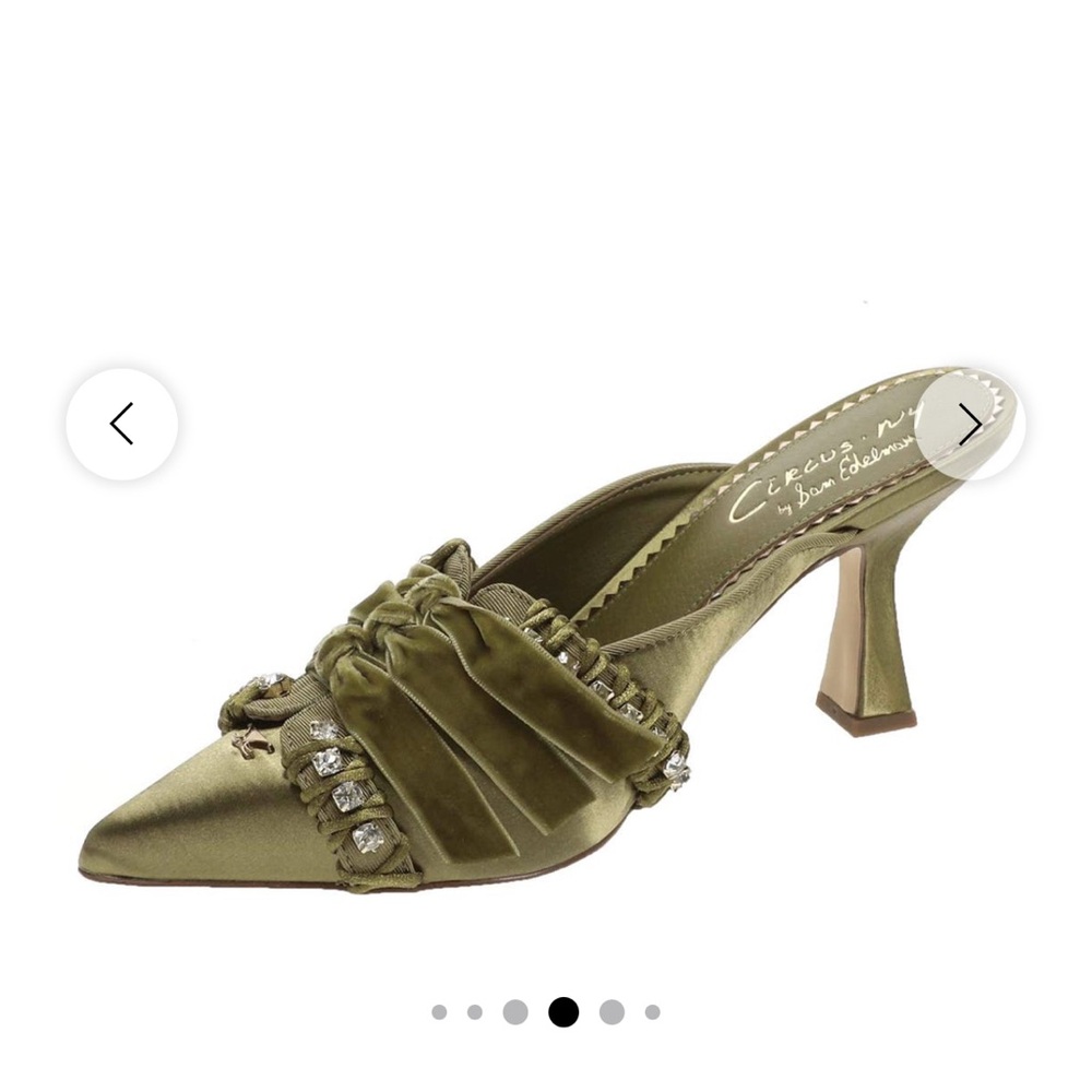 Circus by Sam Edelman Olive Green Satin Pointed Toe Mules with Rhinestones